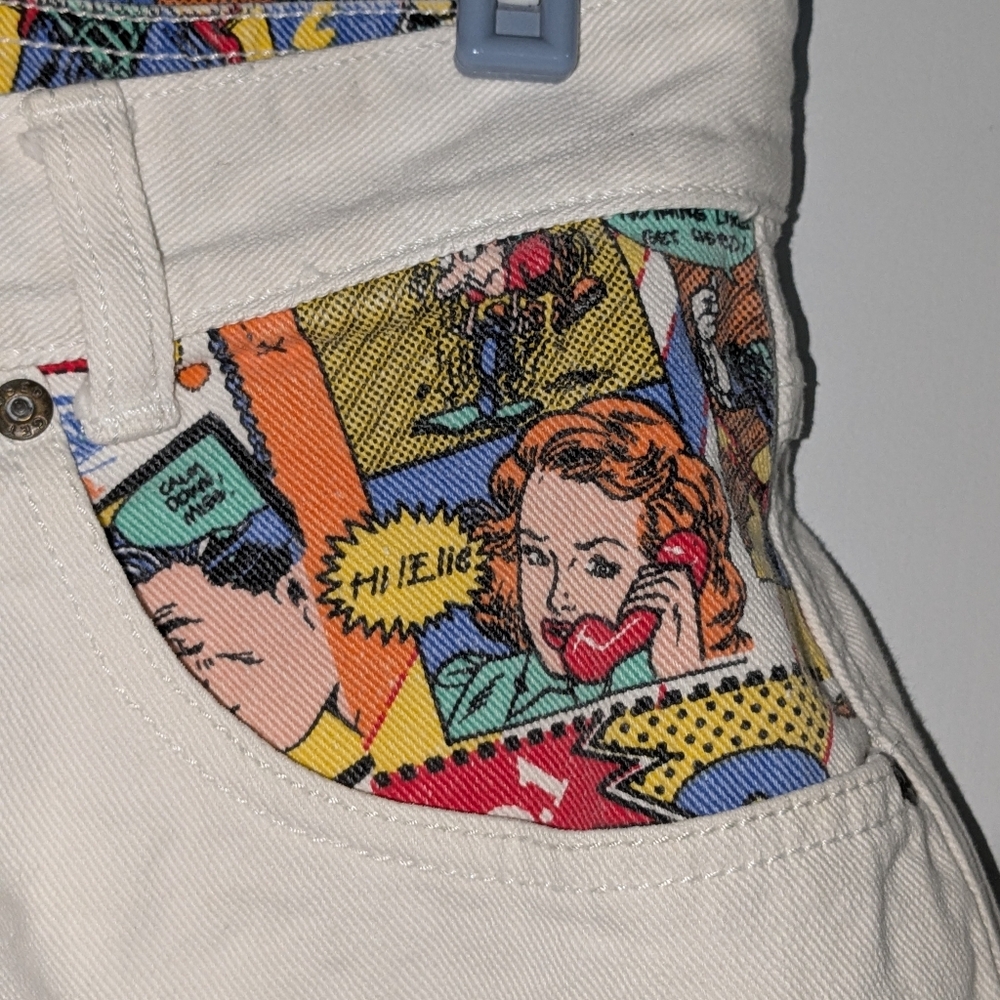 Vintage Denim Shorts with Comic Print Accents - Picture 2 of 6